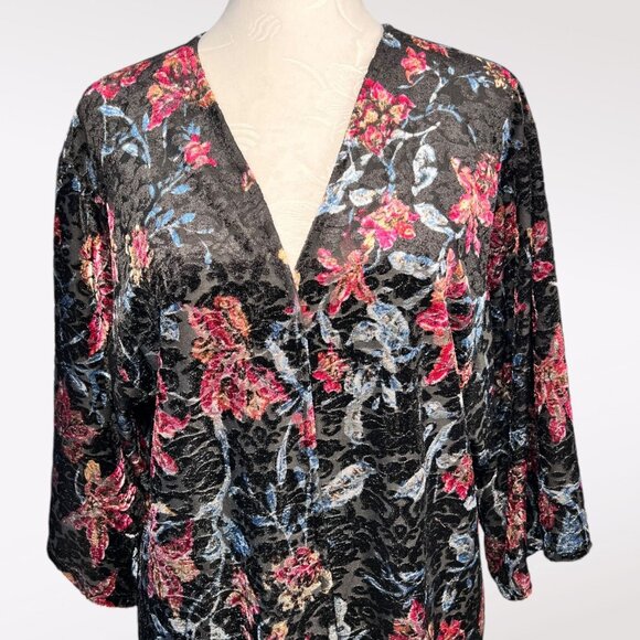 Monteau Black Pink Blue Crushed Velvet Floral Burnout Kimono Jacket Small - Picture 2 of 10